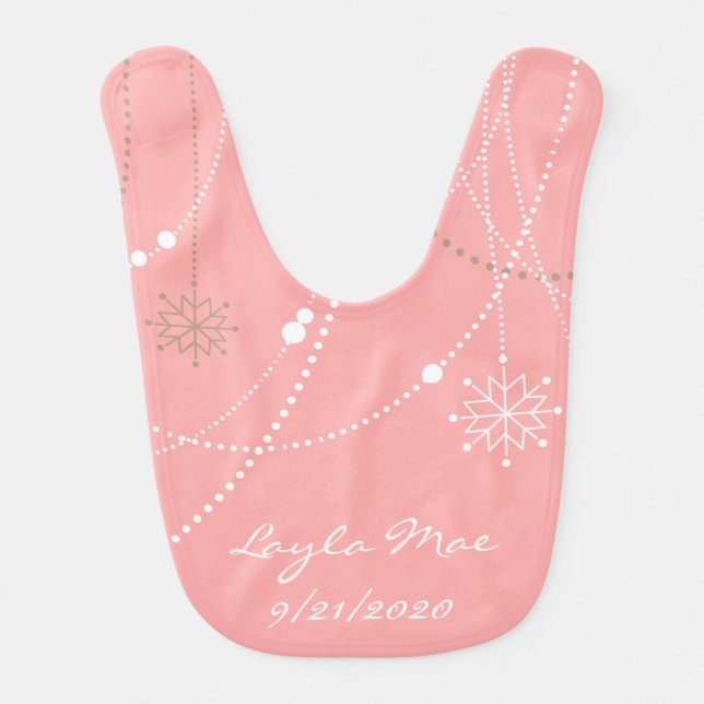 Snowflake pink mid century elegant winter cute baby bib (Front)