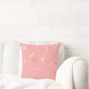 Snowflake pink mid century elegant winter vintage  throw pillow