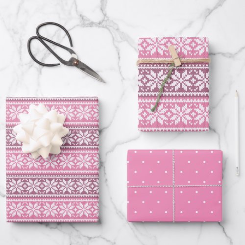 Snowflake Pink Nordic Faux Knit Sweater Wrapping Paper Sheets