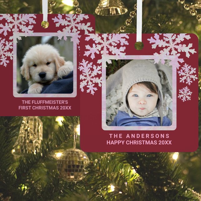 Snowflake Pink Opal 2 Photo Double Sided Cute Metal Ornament (Creator Uploaded)