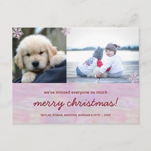 Snowflake Pink Opal 2 Photo Merry Christmas Postcard