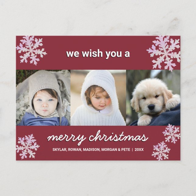 Snowflake Pink Opal 3 Photo Merry Christmas Postcard (Front)