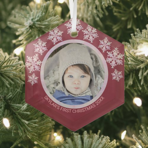 Snowflake Pink Opal Chic Round Photo Christmas Glass Ornament