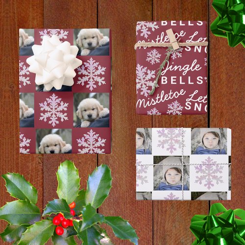 Snowflake Pink Opal Christmas 2 Photo Typography Wrapping Paper Sheets