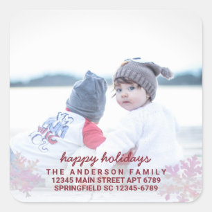 Snowflake Pink Opal Fun Photo Holiday Address Square Sticker