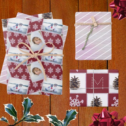 Snowflake Pink Opal Pinstripes 3 Photo Christmas Wrapping Paper Sheets