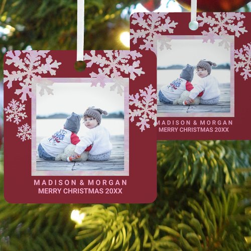 Snowflake Pink Opal Stylish Double Sided Photo Metal Ornament