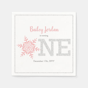 Snowflake Pink & Silver Glitter 1st Birthday Napkins
