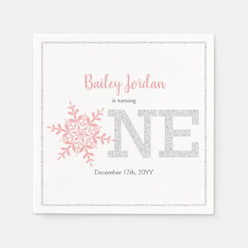 Snowflake Pink  Silver Glitter 1st Birthday Napkins