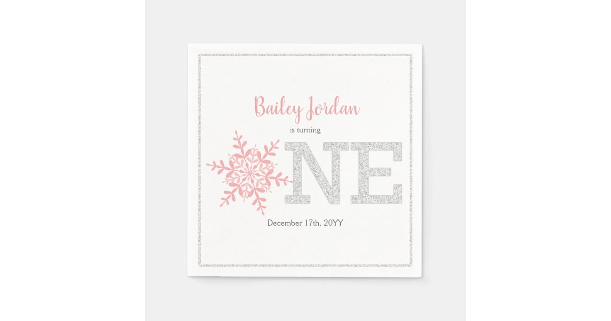 Snowflake Pink & Silver Glitter 1st Birthday Napkins | Zazzle