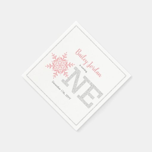 Snowflake Pink & Silver Glitter 1st Birthday Napkins | Zazzle