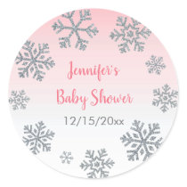 Snowflake Pink & Silver Winter Baby Shower Classic Round Sticker