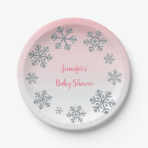 Snowflake Pink & Silver Winter Baby Shower Paper Plates