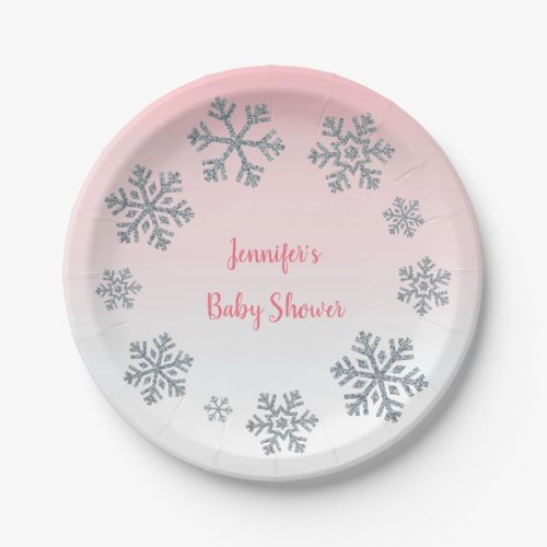 Snowflake Pink  Silver Winter Baby Shower Paper Plates