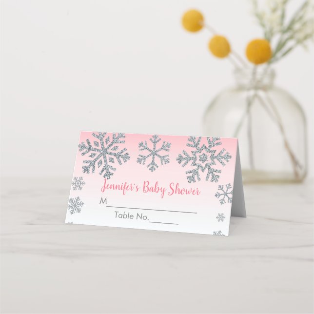 Snowflake Pink & Silver Winter Baby Shower Place Card (Front)