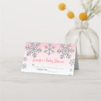 Snowflake Pink & Silver Winter Baby Shower Place Card