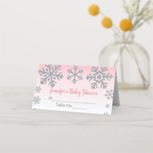 Snowflake Pink  Silver Winter Baby Shower Place Card