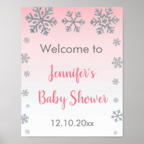 Snowflake Pink & Silver Winter Baby Shower Sign