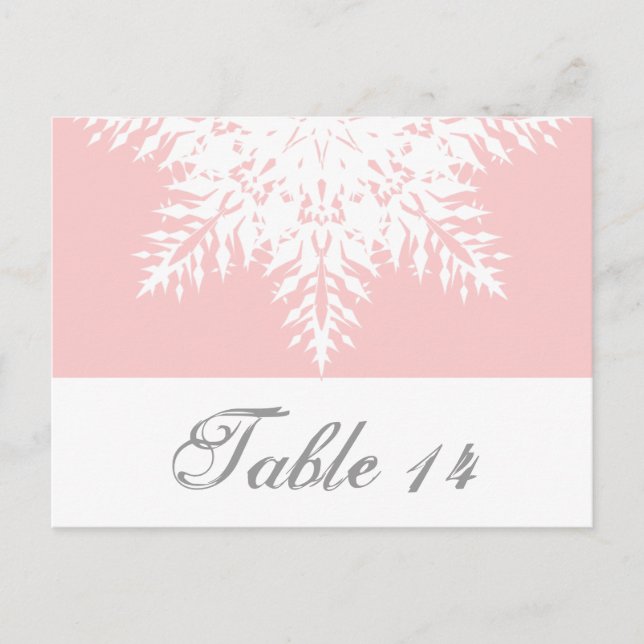 Snowflake pink, white winter wedding table number (Front)