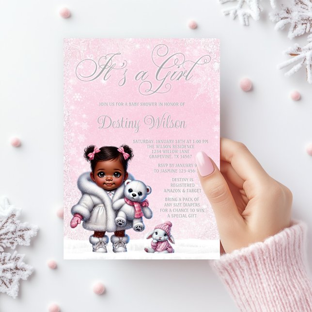 Snowflake Pink Winter Wonderland Baby Shower Invitation (Adorable baby girl winter wonderland baby shower invitation with pink snowflake background.)