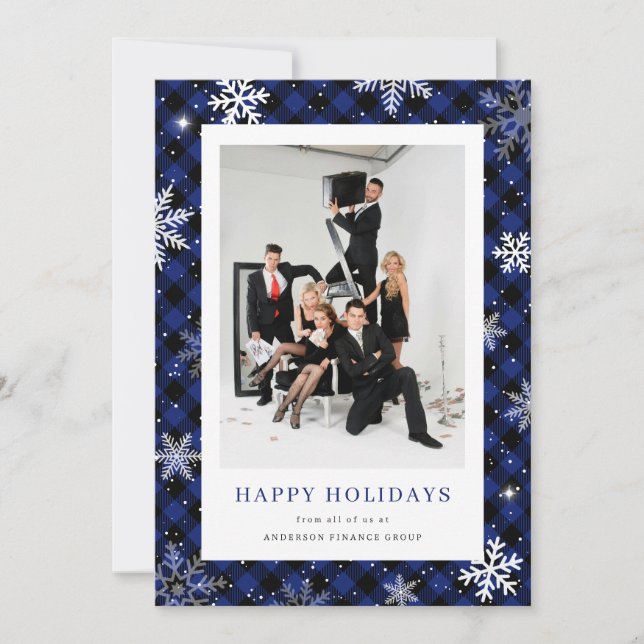 Snowflake Plaid Blue Photo Corporate Business Holiday Card (Front)