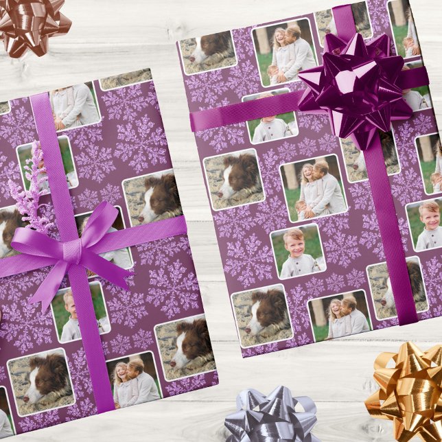 Snowflake Plum Bling 3 Photo Collage Christmas Wrapping Paper (Add your photos to the picture collage design in dark purple for fun Christmas wrapping paper)