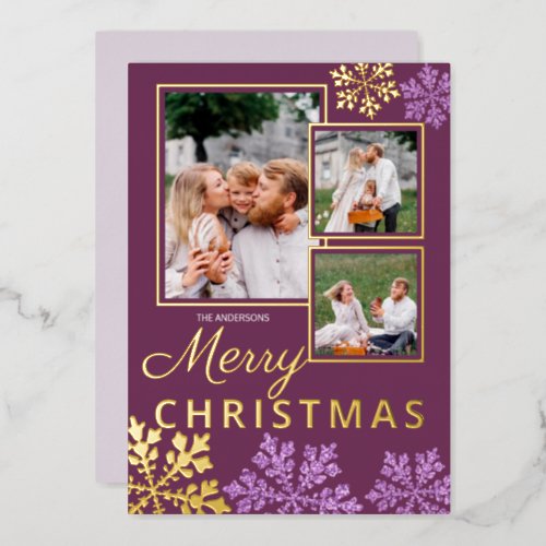 Snowflake Plum Bling 3 Photo Collage Gold Foil Holiday Card