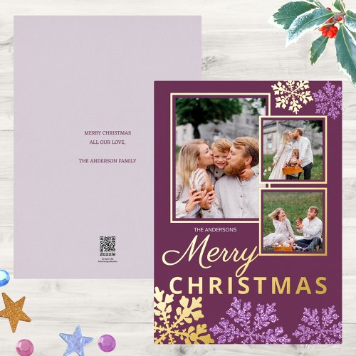 Snowflake Plum Bling 3 Photo Collage Gold Foil Holiday Card