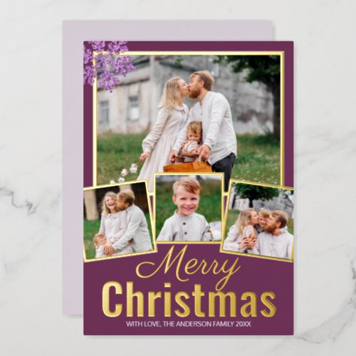 Snowflake Plum Bling 4 Photo Collage Gold Foil Holiday Card