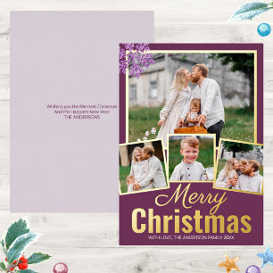 Snowflake Plum Bling 4 Photo Collage Gold Foil Holiday Card