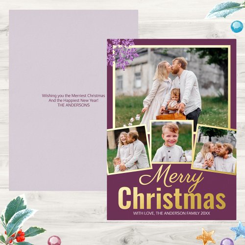 Snowflake Plum Bling 4 Photo Collage Gold Foil Holiday Card