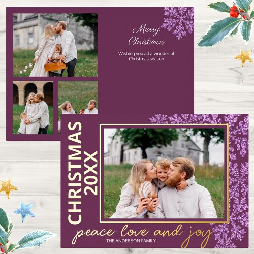 Snowflake Plum Bling 4 Photo Year Chic Gold Foil Holiday Card