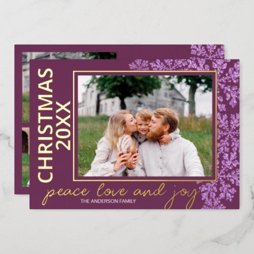 Snowflake Plum Bling 4 Photo Year Chic Gold Foil Holiday Card