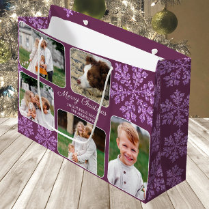 Snowflake Plum Bling 5 Photo Collage Christmas Large Gift Bag