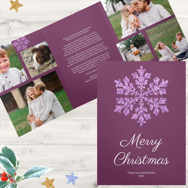 Snowflake Plum Bling 6 Pic Merry Multi Photo Tri-Fold Holiday Card (Easy to personalize, just add your 6 photos using the provided templates)