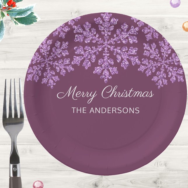 Snowflake Plum Bling Celebration Christmas Paper Plates (These personalized paper plates for Christmas add an elegant touch, from snowflakes to plum purple)
