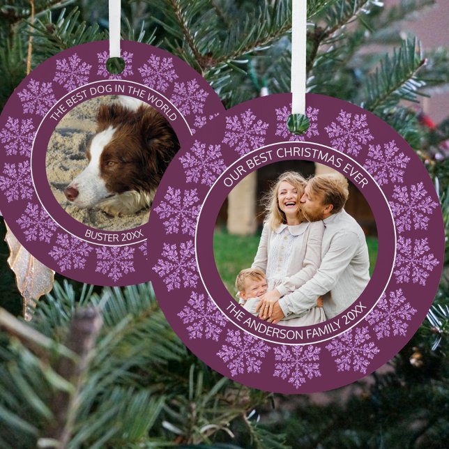 Snowflake Plum Bling Chic 2 Photo Double Sided Metal Ornament (Text and photos can be personalized independently on each side for unique Christmas ornaments)