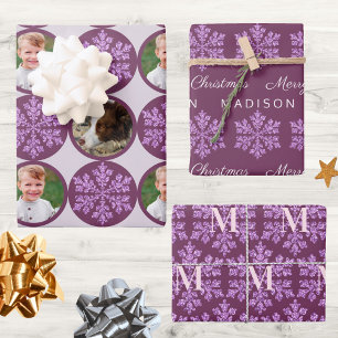 Snowflake Plum Bling Classic 2 Photo Christmas Wrapping Paper Sheets