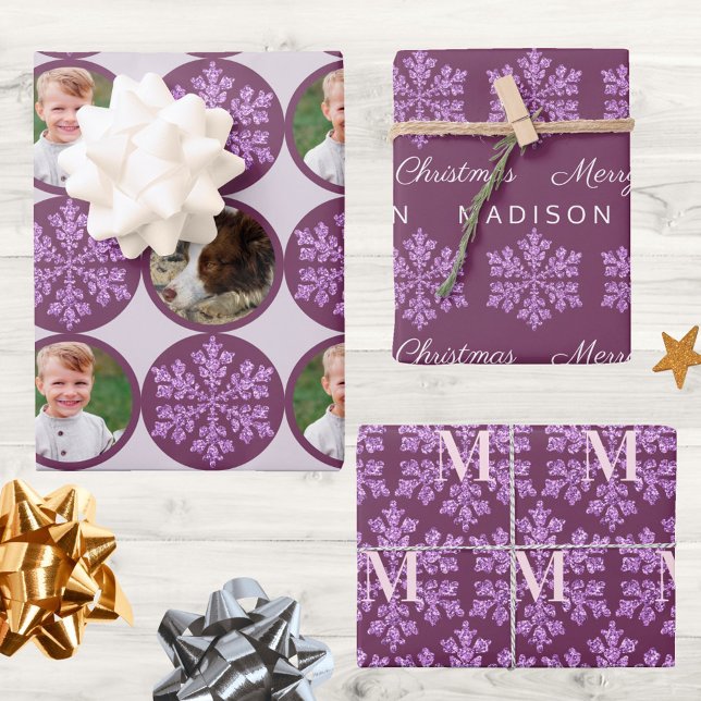 Snowflake Plum Bling Classic 2 Photo Christmas Wrapping Paper Sheets (Three designs you can personalize makes this plum purple & snowflake gift wrap so fun for Christmas)