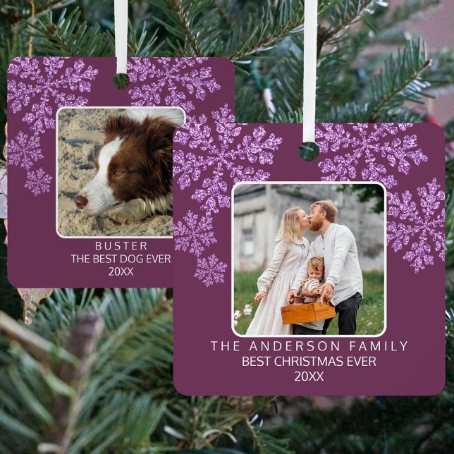 Snowflake Plum Bling Elegant 2 Photo Christmas Metal Ornament (Add one photo to the front and a different pic to the back. Text can be different front and back too)