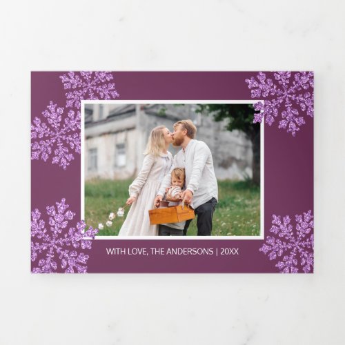 Snowflake Plum Bling Elegant 5 Photo Collage Tri_Fold Holiday Card