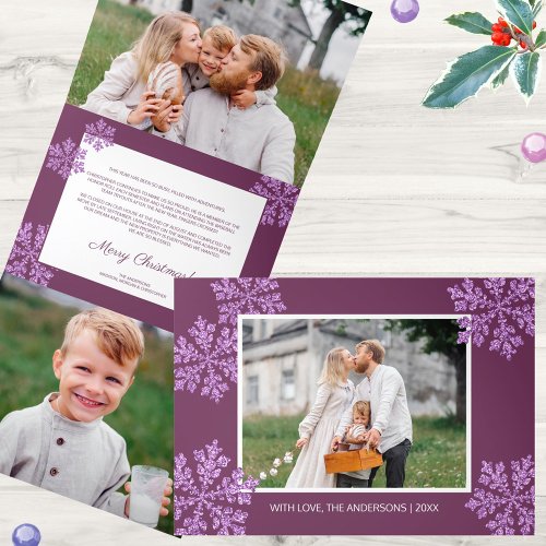 Snowflake Plum Bling Elegant 5 Photo Collage Tri_Fold Holiday Card