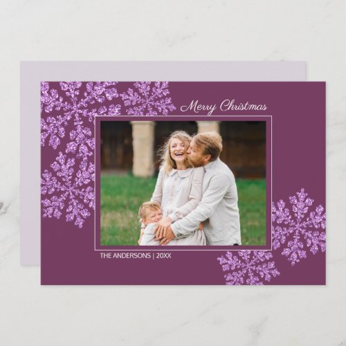 Snowflake Plum Bling Elegant Christmas Photo Holiday Card