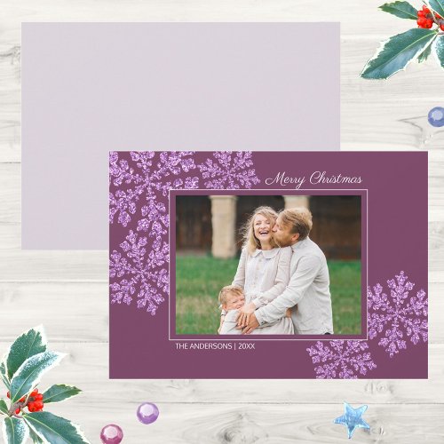 Snowflake Plum Bling Elegant Christmas Photo Holiday Card