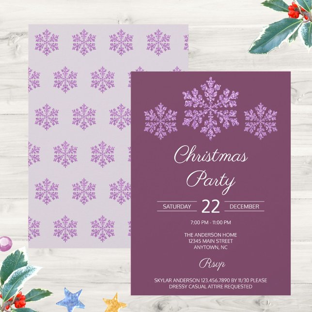 Snowflake Plum Bling Elegant Festive Christmas (Personalize these plum purple and faux glitter snowflake invitations for an elegant Christmas party)