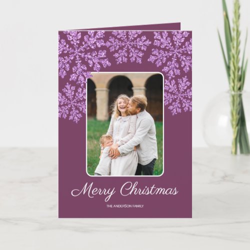 Snowflake Plum Bling Trendy Script Chic 5 Photo Holiday Card