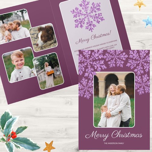 Snowflake Plum Bling Trendy Script Chic 5 Photo Holiday Card