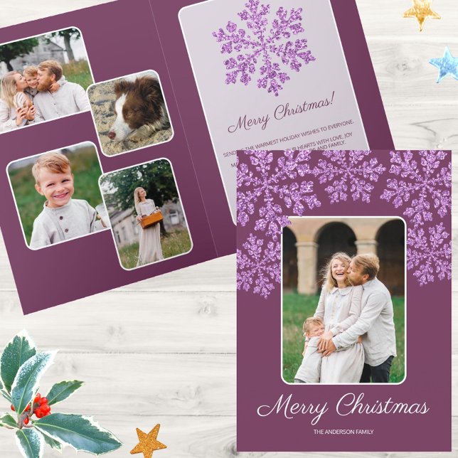 Snowflake Plum Bling Trendy Script Chic 5 Photo Holiday Card (Deep plum purple and faux purple snowflakes will make your 5 photos Christmas cards SO fun )