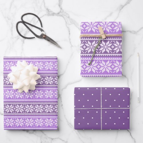 Snowflake Purple Faux Nordic Knit Sweater Pattern Wrapping Paper Sheets