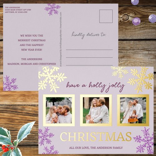 Snowflake Purple Glam 3 Photo Christmas Gold Foil Holiday Postcard